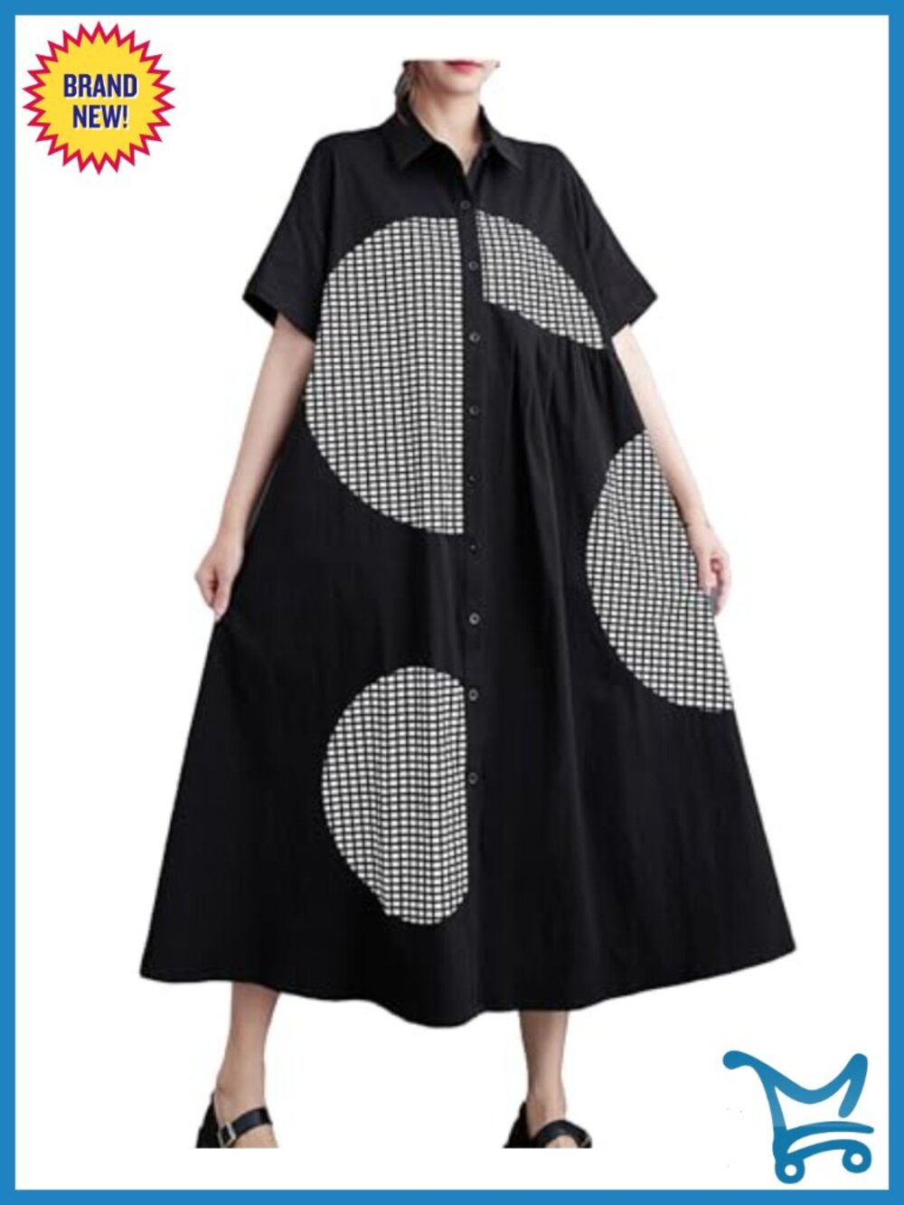 Women's Cotton Blend Short Sleeve Button Down Patchwork Print Shirt Dress